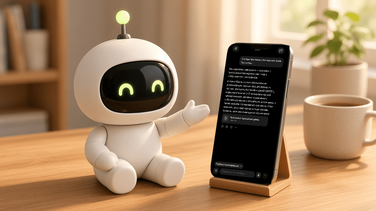 Маскот Макс сидит рядом со смартфоном, на экране которого открыт чат MaxGPT — тёплая уютная сцена, обложка статьи о мобильных приложениях MaxGPT